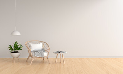 Weave wooden chair in white room for mockup, 3D rendering