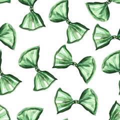 Green bow watercolor wallpaper pattern. For decoration of gift wrapping, design works, postcards, design of fabrics and textiles, souvenirs, packaging design, invitation.