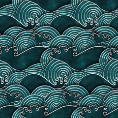 Seamless pattern of traditional Japanese "sea wave" pattern. Ornament with arcs and circles. Design for postcards, fabrics, wallpapers and backgrounds. The raging ocean. Marine print. Foam, bubbling w