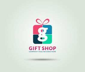 Gift shop logotypes flat present box ornament with letter g