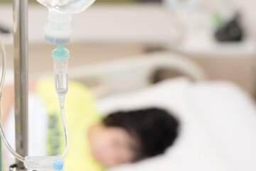 Asian diarrheas sick kid patient, child inpatient lying on hospital bed. Medical illness healthcare...