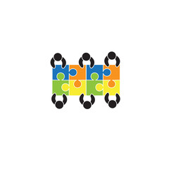 Teamwork people with puzzle pieces top view. Teamwork people vector for jigsaw design, marketing, icon and logo template. Modern flat teamwork people with puzzle. Puzzle pieces, vector illustration