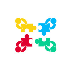 Teamwork people with puzzle pieces top view. Teamwork people vector for jigsaw design, marketing, icon and logo template. Modern flat teamwork people with puzzle. Puzzle pieces, vector illustration