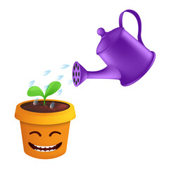 A spray of water drops from a metal watering can irrigate a green sprout in a flower pot. Vector illustration of plant care in a smiling and joyful pot isolated on a white background