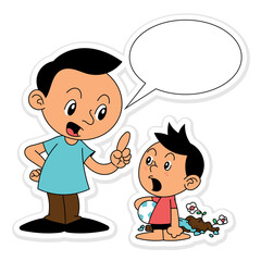 Father get angry with his Son, because broken the flower vase while playing a ball, best for sticker or decoration with Parenting education themes