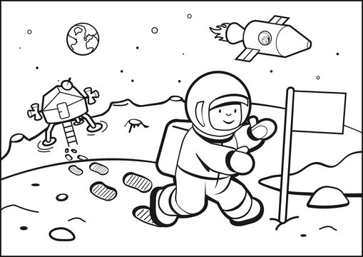 Malvorlage Mondlandung mit Astronaut und Raumfahrzeug

