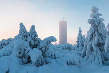 New Lookout tower in the shape of pentagon, Velka Destna, Orlicke mountains, Eastern Bohemia, Czech Republic
Beautiful winter landscape with frosty trees in Eagle mountains, it si 150km from Prague.