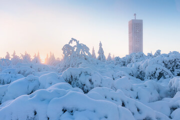 New Lookout tower in the shape of pentagon, Velka Destna, Orlicke mountains, Eastern Bohemia, Czech Republic
Beautiful winter landscape with frosty trees in Eagle mountains, it si 150km from Prague.