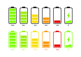 Set battery with different level of charge. Car battery indicator, battery charge signs. Wireless charging energy sign. Vector illustration.