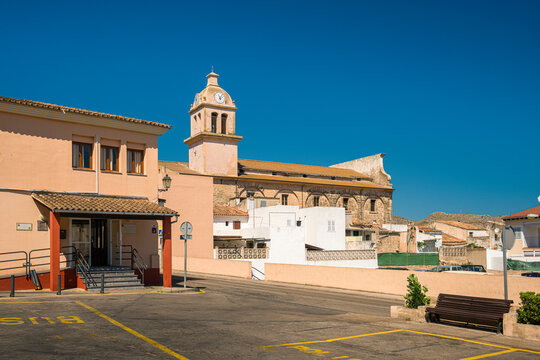 Capdepera town small square with a view on a church at sunny day on Mallorca island in Spain
