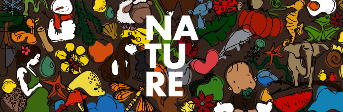 Set Naturaleza. Conjunto de vectores de animales, personas y plantas. Ilustraci&oacute;n digital. 