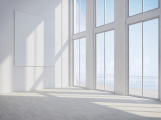 Empty room for mockups with sea view.3d rendering