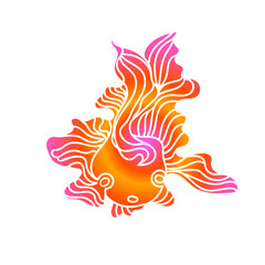 Colorful flat doodle goldfish with wavy gradient fins drawn by hand in flat style. Doodle animal design element for baby clothes printing, package, icon, wrapping paper, wallpaper, childens goods.