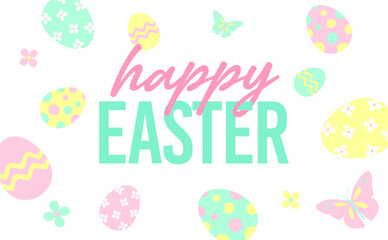 Colorful Happy Easter greeting card with eggs, butterflys and text	