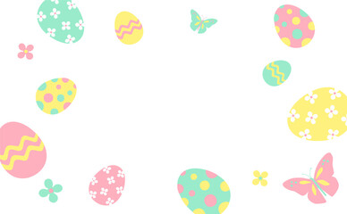 Easter decoration. Easter frame of colored easter eggs on white background with space for text