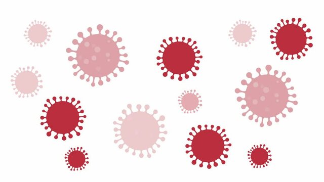 2d animation coronavirus protein, virus cell, COVID-19. Flu virus is in motion: deform, appears, disappears, increases, decreases, rotates around, covered with white bubbles. Red on a white background