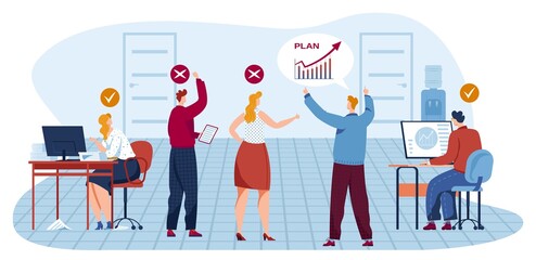 Business people teamwork meeting in office, share idea vector illustration. Businesswoman and businessman at computers, workspace disccuss plan in team with boss. Brainstorming.