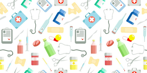 Seamless pattern with medical elements. Medicine background.