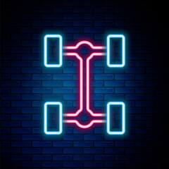 Glowing neon line Chassis car icon isolated on brick wall background. Colorful outline concept. Vector.