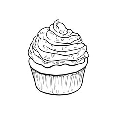Cupcake hand drawn linear black and white illustration. Eps 10 vector cupcake isolated on white background.