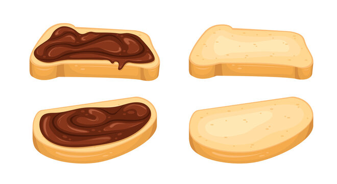 Set of vector illustrations with chocolate paste sandwiches and slices of bread. Dessert. Sweet snack.