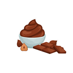 Vector illustration of a cream bowl with chocolate paste, nuts and chocolate. Sweet snack. Chocolate-nut paste.