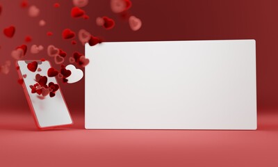 MOBILE PHONE WITH A LIGHTED SCREEN AND MANY RED HEARTS COMING OUT OF IT ON A RED BACKGROUND AND A WHITE SIGN TO PUT TEXT. VALENTINE'S DAY CONCEPT