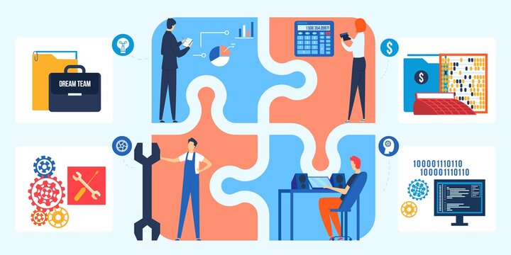 Dream team in business, puzzle concept vector illustration. Company employees productive work and partnership. Business successful teamwork. Proffesional parnership, dreamteam leaders.