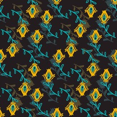 Obraz premium Gold and Teal colored Decorated Floral Vector Illustration Seamless Pattern