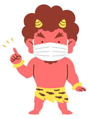 マスクをつけた案内ポーズの赤鬼