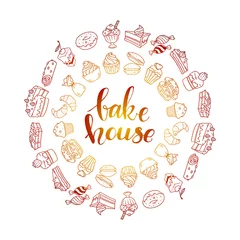Meubelstickers Bakehouse lettering logo, circle frame with bakery, pastry symbols. Sweets label design for cafe menu, flyer, banner, poster, sticker, packaging templates. Pattern brushes are included in EPS file. © Nubenamo