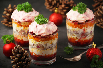 Dressed herring or herring under fur - traditional Russian salad