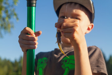 A teenage boy has caught a small fish perch on a fishing rod and keeps it on the hook.
