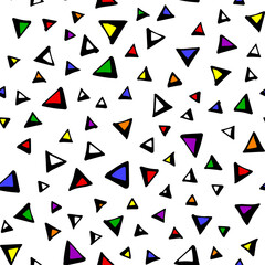 Seamless abstract vector pattern with hand-drawn colorful triangles with black contour on white background. Wallpaper, textile, wrapping, graphic design. Neutral design