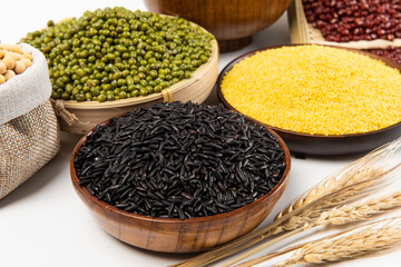 Collection of different cereals, grains and beans backgrounds.