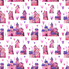 Cute vector seamless pattern with  rural houses, hearts. Watercolor background in lilac, pink and purple colors.