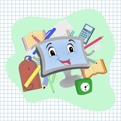 Monitor in the style of a cartoon, behind school supplies. Background in the box.
