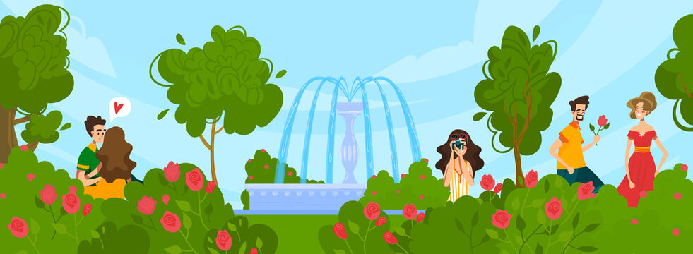 City park with fontain and people walking in summer vector illustration. Couples spend time outdoor in nature, trees, bushes and fontain with water streams. Fountain in garden.