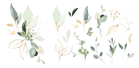 Set of herbal branch. green and gld leaves. Wedding concept. Vector arrangements for greeting card or invitation design