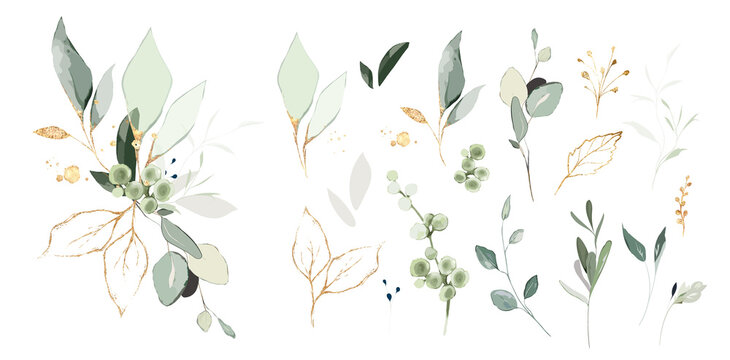 Set of herbal branch. green and gld leaves. Wedding concept. Vector arrangements for greeting card or invitation design