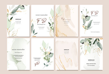 Set of card template with herbs, leaves.  Wedding invite. Vector decorative greeting card or invitation design background with watercolor and gold - 405490220