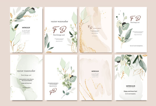 Set of card template with herbs, leaves.  Wedding invite. Vector decorative greeting card or invitation design background with watercolor and gold