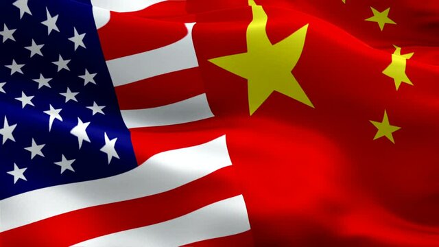 American and China flag waving video in wind footage Full HD. American vs China flag waving video download. USA Chinese Flag Looping Closeup 1080p Full HD 1920X1080 footage. USA China countries flags 