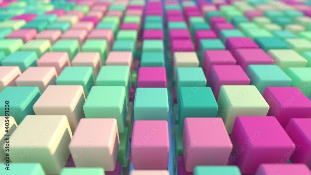 Poster a colorful grid of three-dimensional moving cubes. seamless loop 3d render