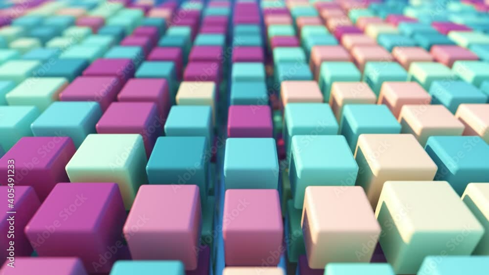 Poster a colorful grid of three-dimensional moving cubes. seamless loop 3d render