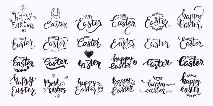 Happy Easter hand written lettering. Modern brush calligraphy text templates with Easter eggs and rabbit. Congratulation phrases for greeting card, invitation, banner, poster, flyer. Isolated vector.