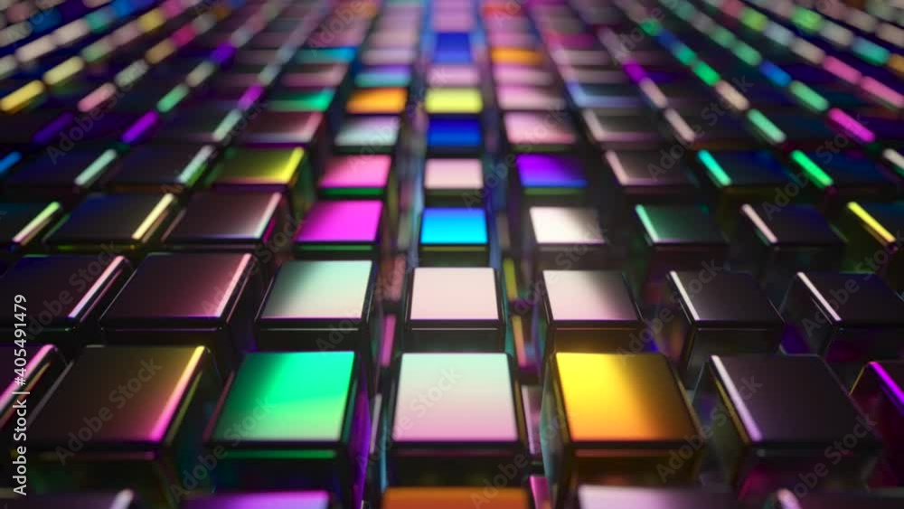 Poster abstract 3d render with cubes in neon light. nice waves footage. violet spheres moving like waves on
