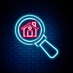 Glowing neon line Search house icon isolated on brick wall background. Real estate symbol of a house under magnifying glass. Colorful outline concept. Vector.