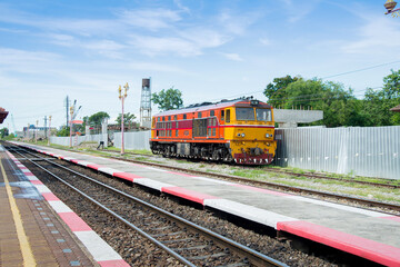 Fototapeta na wymiar Train at Hua Hin Station, one of the oldest train stations in Thailand.