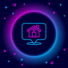 Glowing neon line Map pointer with house icon isolated on black background. Home location marker symbol. Colorful outline concept. Vector.
